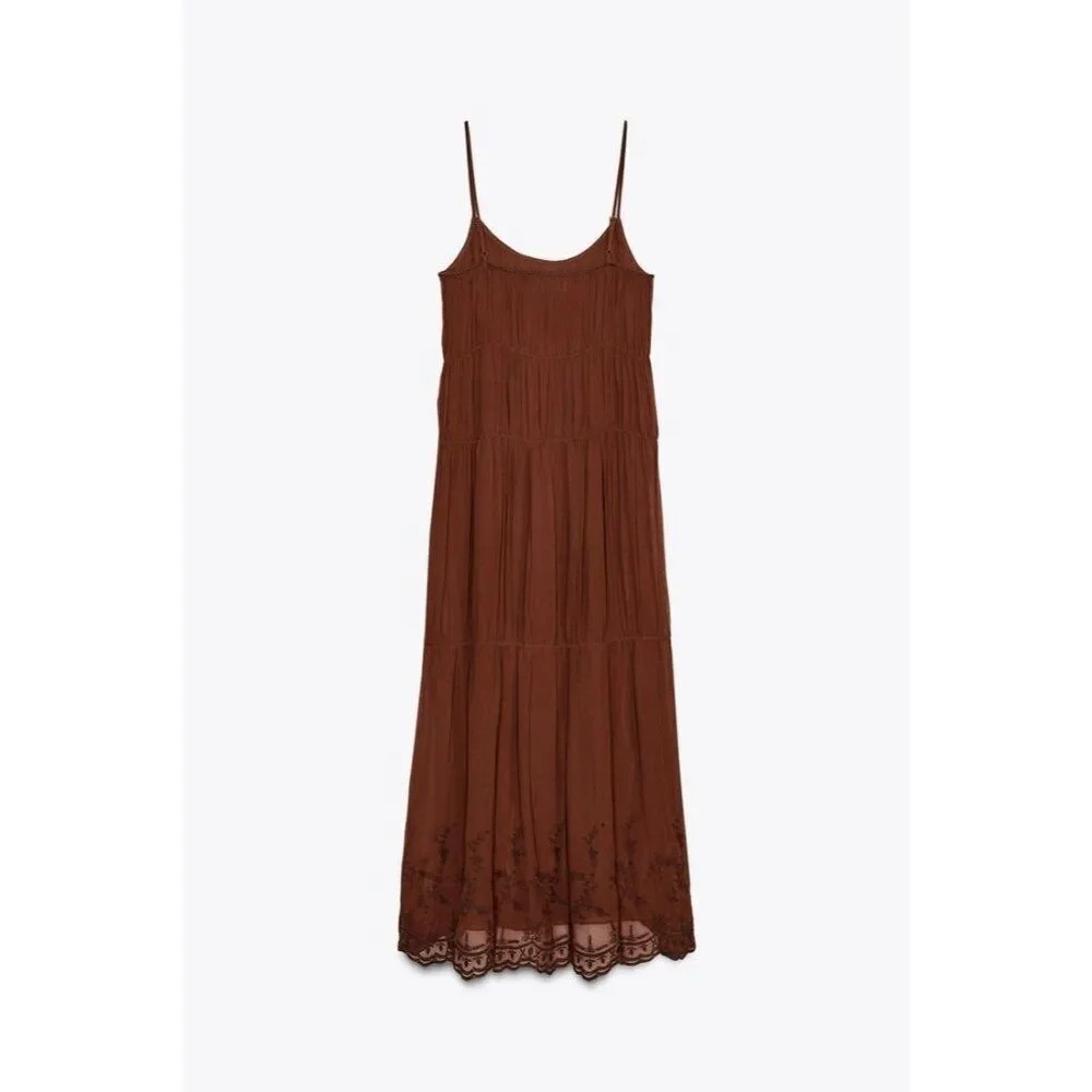 Zara ZW Womens Midi Slip Dress S Small Brown orange Embroidered 6895/058 NWT - Picture 4 of 16